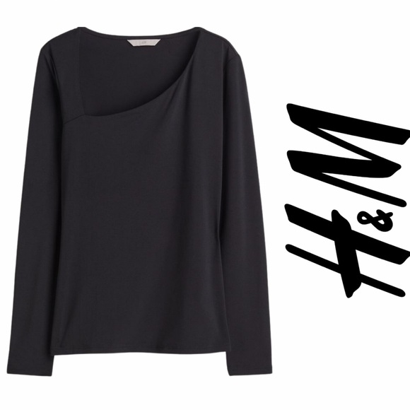 ✨NWOT✨ H&M Long-sleeved Asymmetric Neckline Jersey Top Size L - Picture 1 of 10